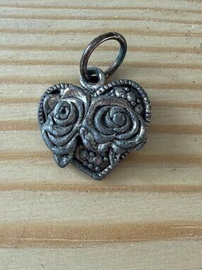 Vintage Silver Double Rose Puffy Heart Charm Pendant Charm